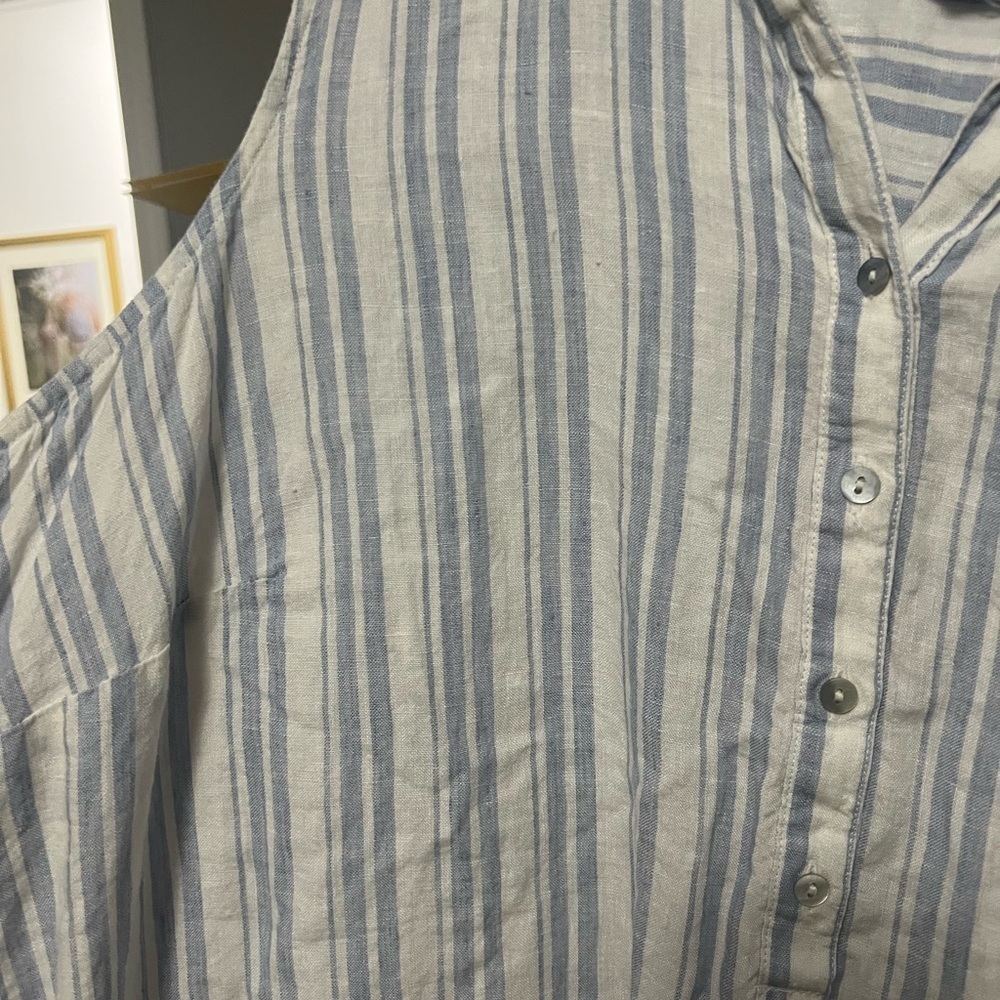 Sigrid Olsen 100 % Linen Women's White and Blue Striped Shirt Dress natural - Picture 3 of 7